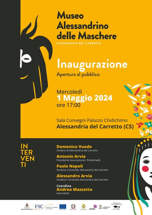 locandina interventi Inaugurazione del Museo Alessandrino delle Maschere ad Alessandria del Carretto